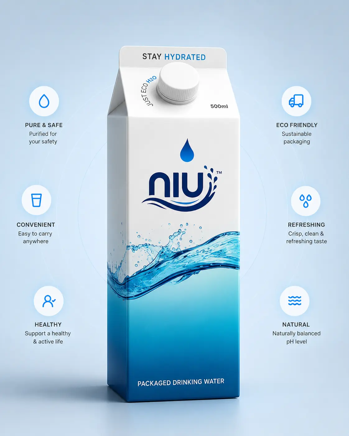 NIU 500ml packaged drinking water carton