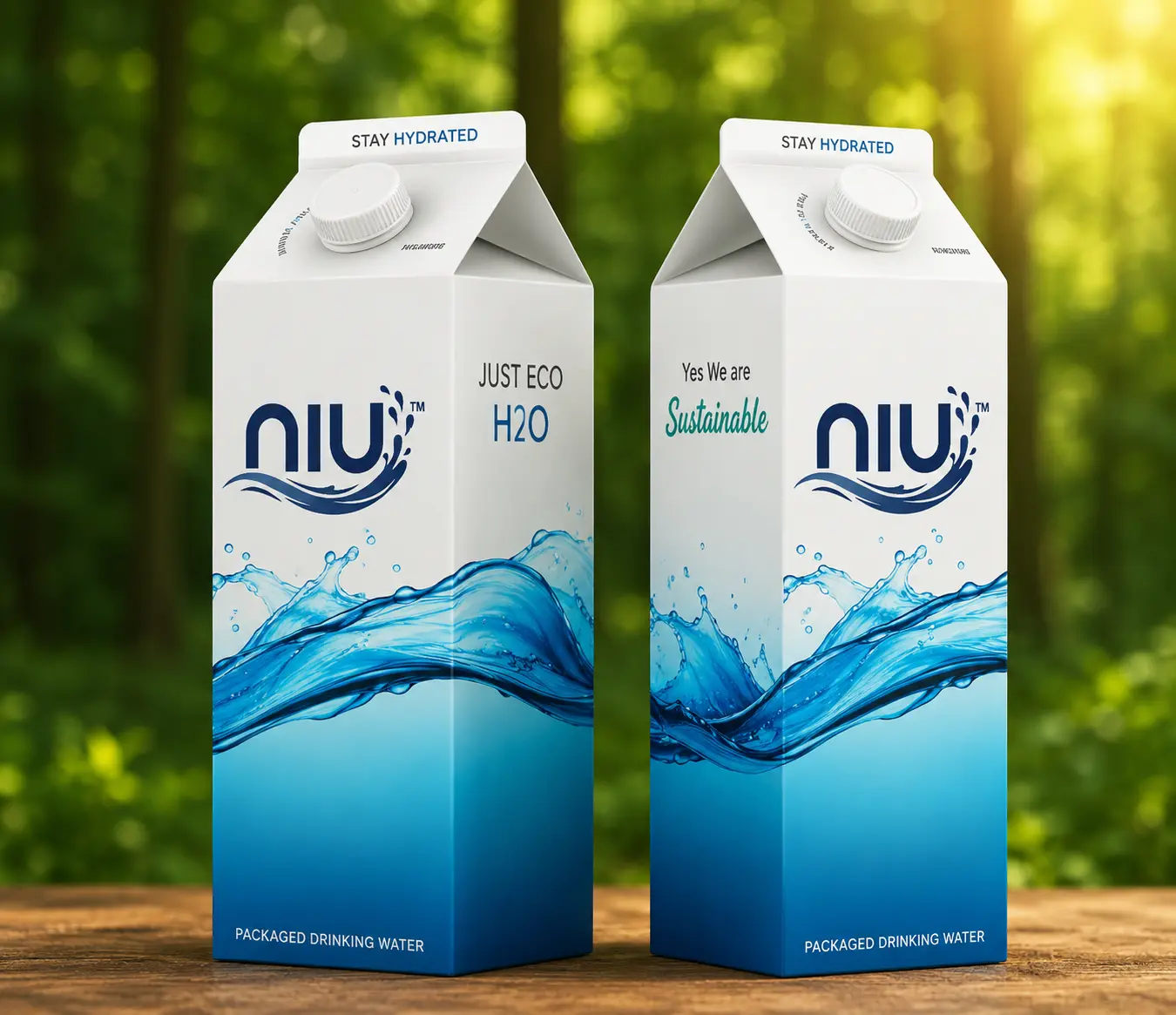 NIU packaged drinking water cartons in a forest setting